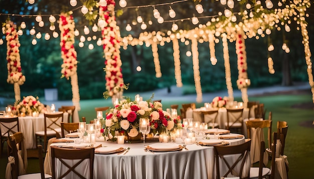 Outdoor Indian wedding setup with string lights and hanging floral arrangements