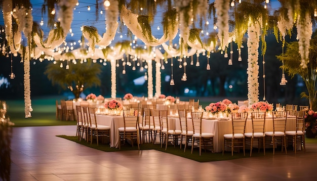 Outdoor Indian wedding setup with string lights and hanging floral arrangements