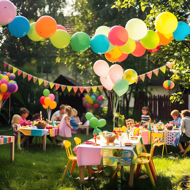 Outdoor kids celebration with colorful decorations balloons and playful activities on sunny day