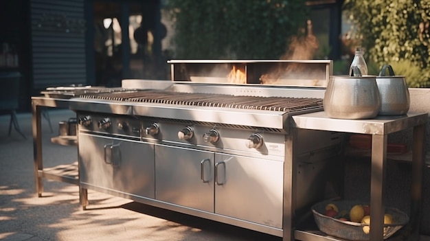 Outdoor kitchen with beautiful cooking grill with burning fire Generative AI