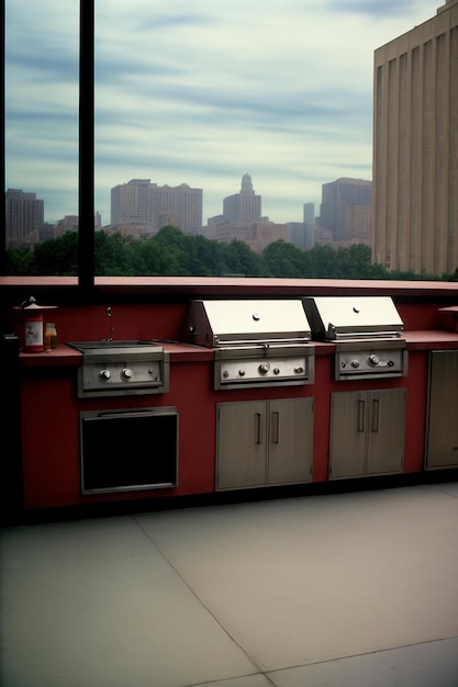 An Outdoor Kitchen With A View Of The City