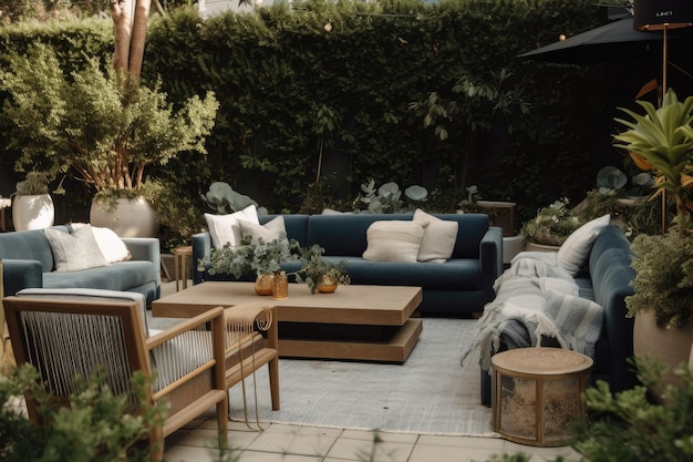 An outdoor lounge area with plush seating and cozy throws surrounded by greenery