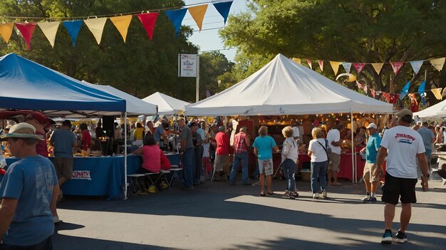 Photo outdoor market scene under tents on labor day