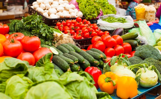 Outdoor market with vegetables, various kinds of fresh vegetables