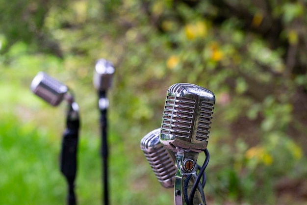 Outdoor microphone in a natural setting for music concerts and conversations about the environment openair concert