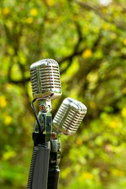 Outdoor microphone in a natural setting for music concerts and conversations about the environment openair concert