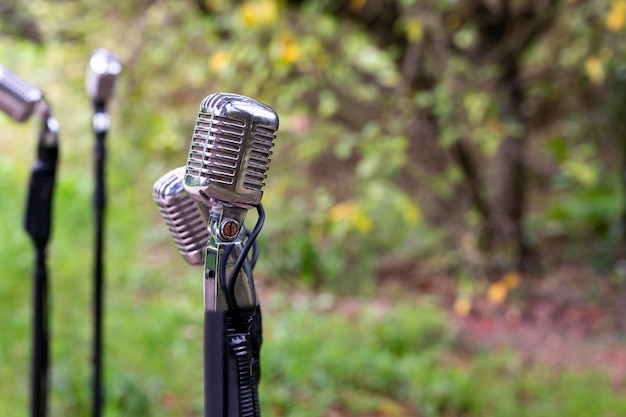 Outdoor microphone in a natural setting for music concerts and conversations about the environment openair concert