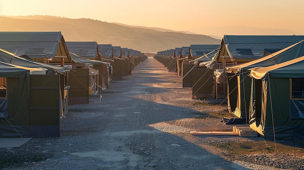 Outdoor military camp tents set up to create shaded areas dawn lighting warm palette