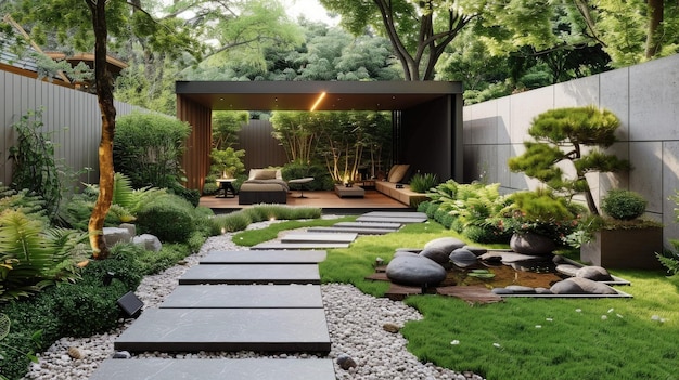 Photo outdoor minimalist garden with sleek geometric pathways