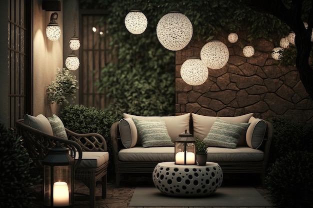 Outdoor modern patio with comfortable furniture and light lamps created with generative ai