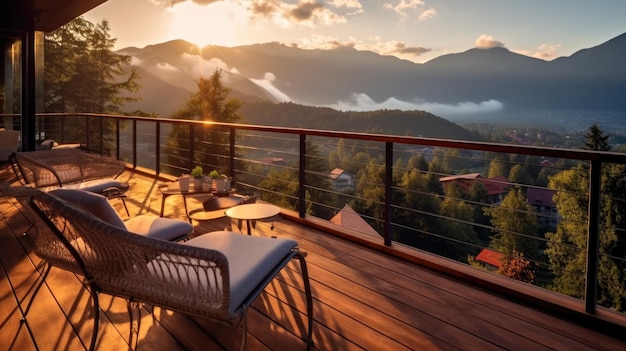 Outdoor mountain villa balcony deck with natural views of the mountains