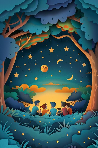 Outdoor Movie Night Vector paper cut design of families enjoying an outdoor movie night under the stars illuminated by warm natural light representing summer entertainment