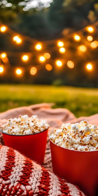 Photo outdoor movie night with cozy blankets and popcorn