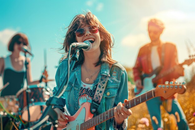 Outdoor Music Performance with Young Musicians Playing Guitars and Drums Under Bright Sunlight