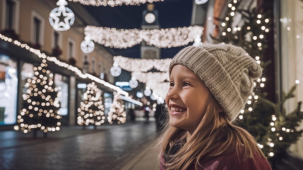 Outdoor night photo of young beautiful happy smiling girl enjoying festive decoration in street of