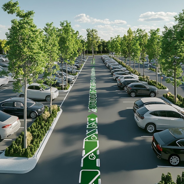 An outdoor parking lot with rows of cars and clear signage for different zones