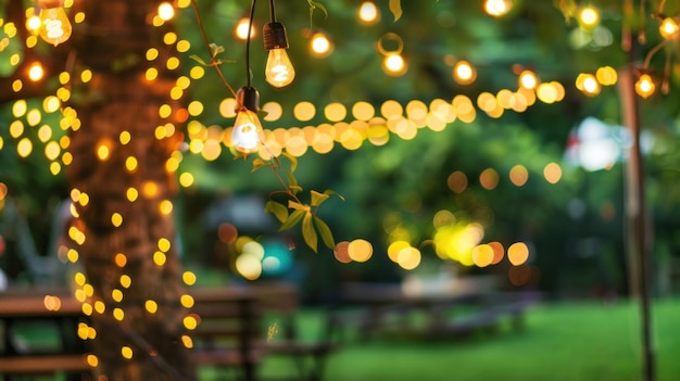 Photo outdoor party lights hanging on backyard strings with bokeh table and chairs background