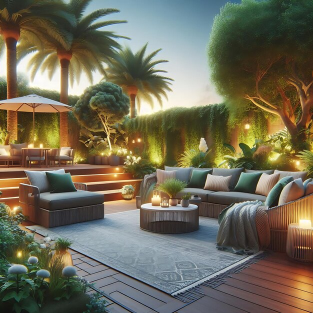 Outdoor patio background featuring stylish furniture lush greenery and warm ambient lighting Gene