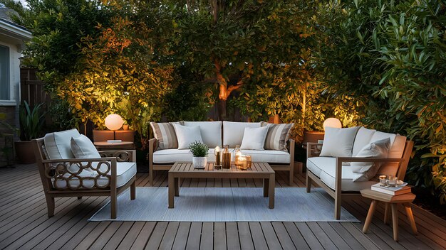 Outdoor patio background featuring stylish furniture lush greenery and warm ambient lighting Gene