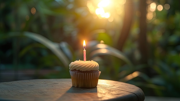 Outdoor Patio The cupcake with a candle is placed on a rustic table