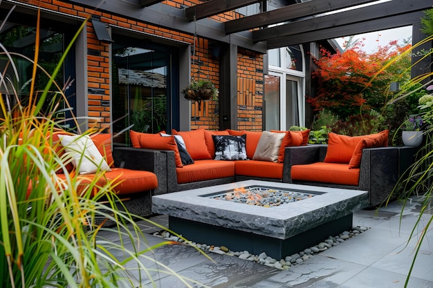 Photo outdoor patio design with fire pit and brick wall photo