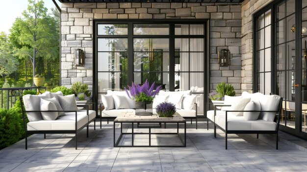 Photo an outdoor patio set with white cushions and black frames is positioned in front of a large window it includes a couch armchairs coffee table vase of violets and a small plant