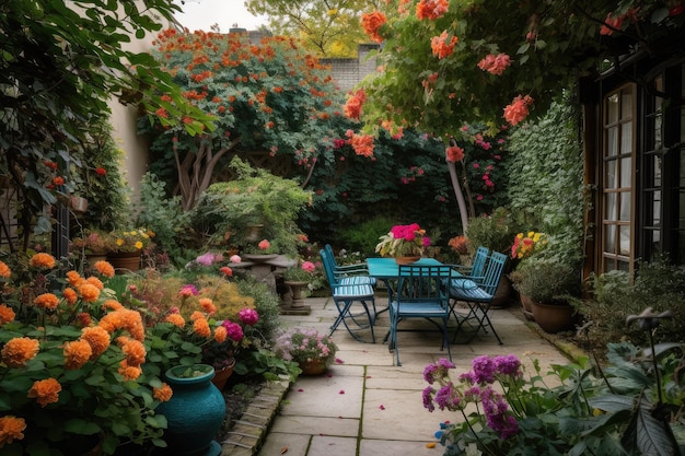 An outdoor patio surrounded by lush foliage and colorful blooms