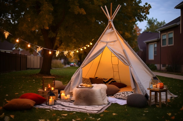 Outdoor patio tent camp decorated for night party celebration Generative AI