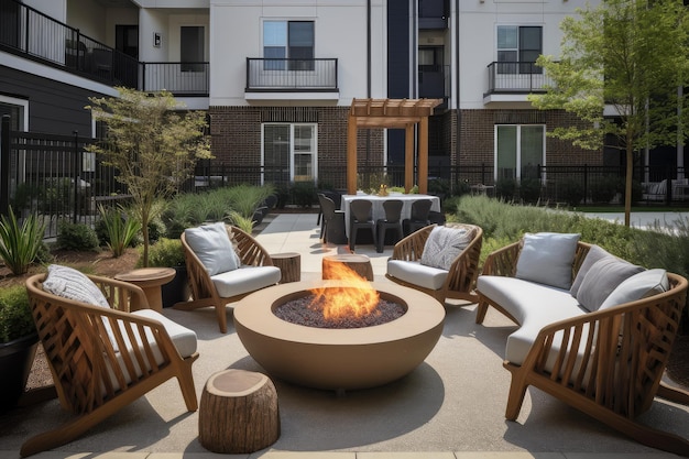 Outdoor patio with fire pit and plush lounge chairs perfect for warm summer nights