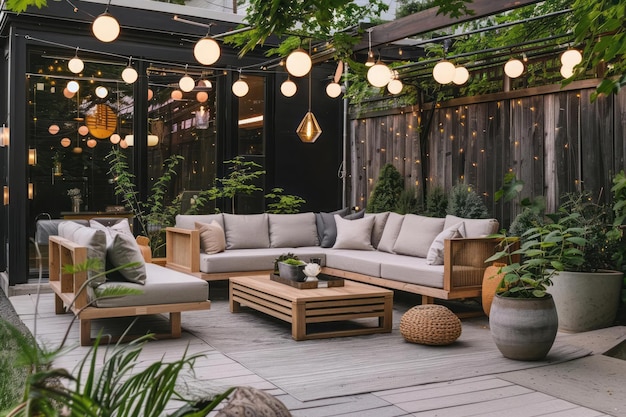 Outdoor patio with modern outdoor furniture ambient lighting and a focus on greenery and open space