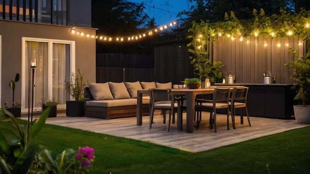 outdoor patio with a table and chairs and lights