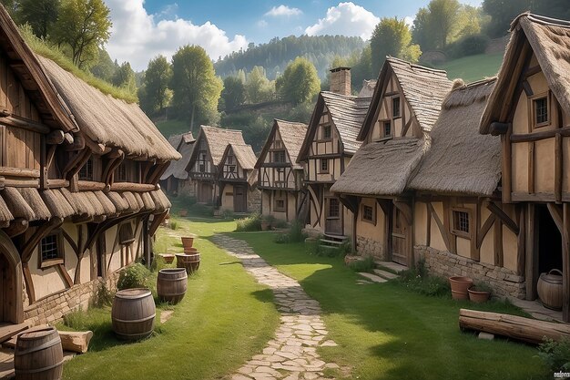 Photo outdoor photo of 1700 medieval village with log buildings