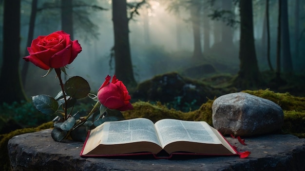 Outdoor photo of a historical book sitting on a neutral background The light of the sun hits the boo