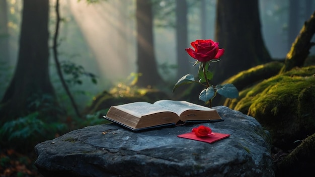 Outdoor photo of a historical book sitting on a neutral background The light of the sun hits the boo