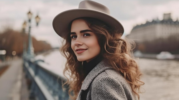 Outdoor photograph of a lovely European woman with curly hair touring a European city Generative AI