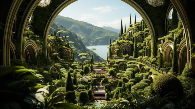 Outdoor photograph of lush green psychedelic outdoor walled garden by wes anderson and Vincent Calle