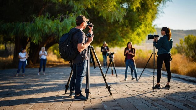 Photo outdoor photography workshop with participants capturing images in a forest