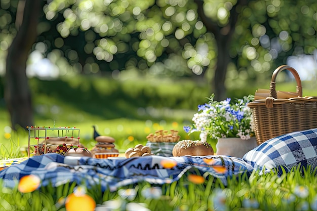 Outdoor Picnic Scene with Fun Lawn Games Including Badminton