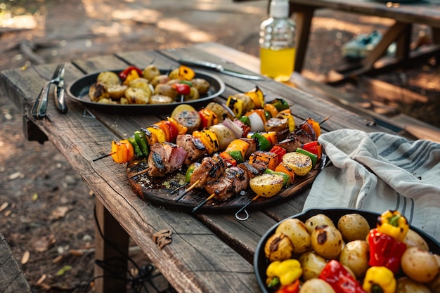 Photo outdoor picnic scene with skewers