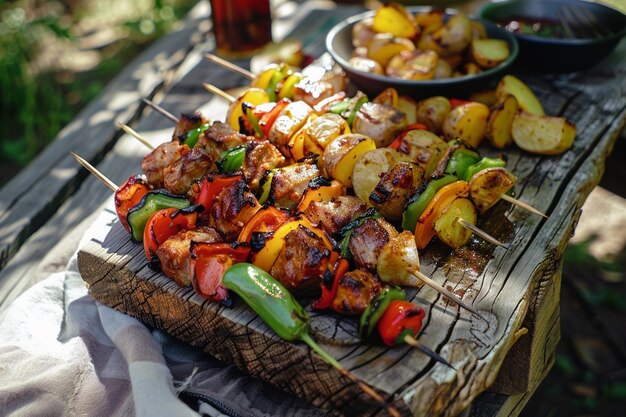 Photo outdoor picnic scene with skewers