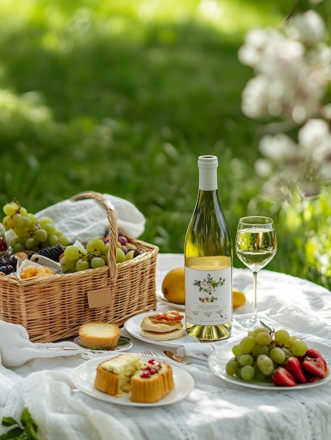 Outdoor Picnic Spread with Gourmet Wine Cheese and Fresh Produce in a Lush Garden Setting