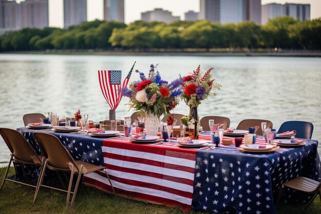 Photo outdoor picnic with patriotic tablecloths and cent labor day photos981jpg