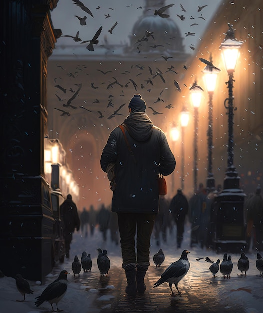 Outdoor pigeons city flying Winter walking street with many birds Generative AI