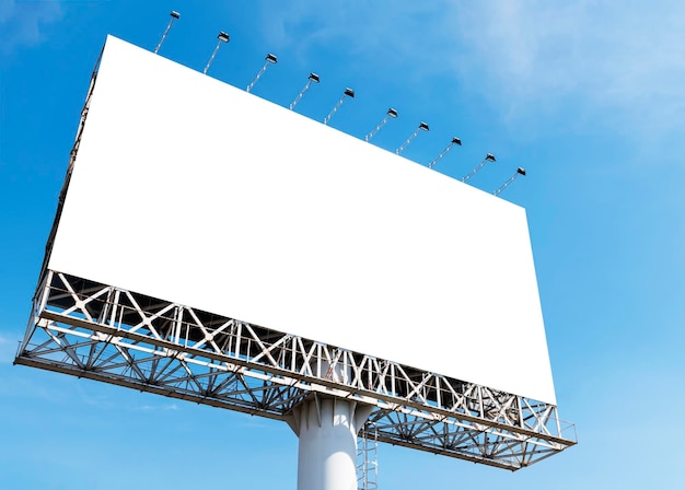 Outdoor pole billboard on blue sky background with mock up white screen and clipping path