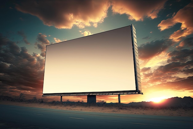 Outdoor pole billboard with mock up white screen on amazing sky background Generative AI