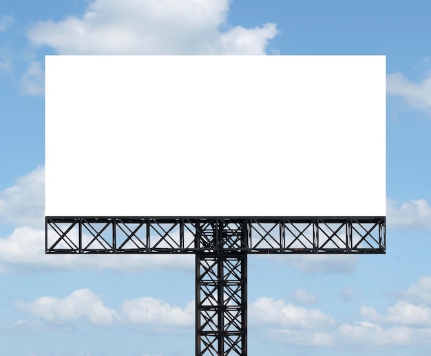 Outdoor pole billboard with mock up white screen on blue sky background with clipping path