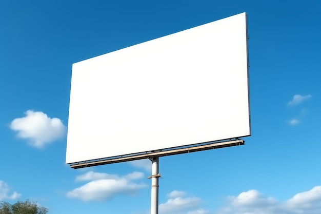 An outdoor pole billboard with a mockup white screen set against a blue sky background The image includes a clipping path for easy editing