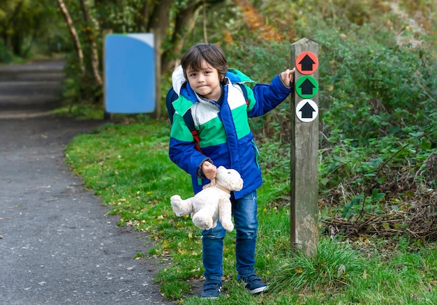 Outdoor portrait  Kid holding teddy bear looking up pointing finger to direction arrow sign