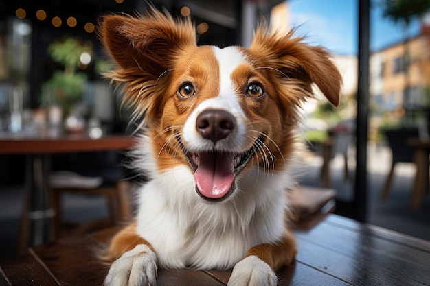 Outdoor portrait of mongrel dog in street cafe Cute dog looking at camera closeup front view