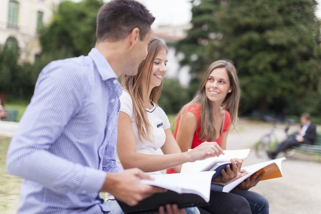 Outdoor portrait of three smiling students studying in a park